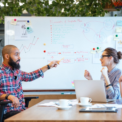 Colleagues whiteboarding together